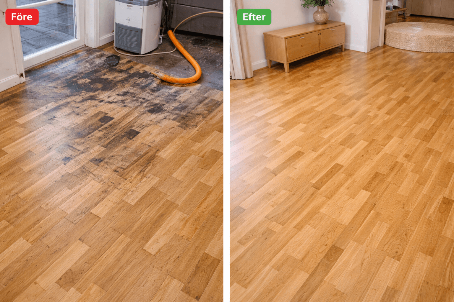 Parkettgolv med vattenskador, Uppsala - Före